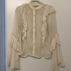 100% Polyester. Selling New One In The Bag With Tags Luxury Ruffled Button-up Blouse, Vintage Beige Blouse For Day Out, Vintage Ruffle Blouse For Day Out, Vintage Ruffled Blouse For Day Out, Chic Cream Blouse For Day Out, Cream Blouse, In The Bag, Black N White, The Bag