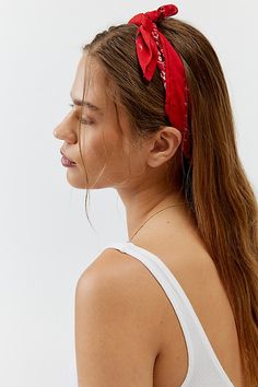 Cherry print bandana. Our favorite versatile accessory, we wear this bandana at our neck, in our hair (as a headband or ponytail holder), tied around our bag & more. Features Cherry print bandana Light and airy woven bandana Versatile - so many ways to wear Content + Care 100% Cotton Hand wash Imported | Cherry Print Bandana in Red, Women's at Urban Outfitters Red Bandana Hair, Red Bandana Hairstyles, Cute Ways To Wear A Bandana, Bandana Around Neck Outfit, Bandana Outfits For Women, Hairstyle With Bandana, Red Bandana Outfit, Bandanna Hairstyle, Bandana In Hair