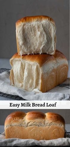 two pictures of bread stacked on top of each other with the words easy milk bread loaf