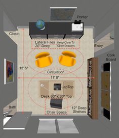 the floor plan for a living room and bedroom in an apartment with yellow couches