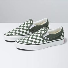 Vans Checkerboard Classic Slip-On Thyme/True White VN0A33TB9HO. Cute Vans, Vans Classic Slip, Checkered Vans, Vans Checkerboard, Vans Store, Vans Slip On, Toddler Fun, Vans Classic Slip On, Classic Shoes