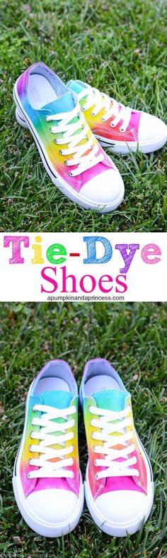 Rainbow Tie-Dye Shoes - A Pumpkin And A Princess Canvas Shoes Diy, Tennis Ideas, Tye And Dye, Cut Up Shirts, Paint Stencil, Shoe Makeover