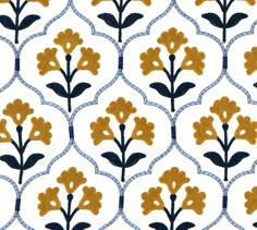 an image of a pattern with yellow flowers on white background and blue circles around it