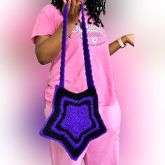 Beautiful Crochet Purple And Black Shoulder Bag Measures Depth For S 9” Shoulder Strap Length Is 17” Purple Crochet Bag, Everyday Purple Crochet Shoulder Bag, Crochet Star Bag, Crochet Bag Purple, Purple Rectangular Crochet Bag, Bohemian Purple Crochet Bag, Ocean Bag, Star Bag, Crochet Purple