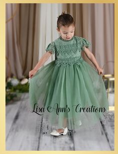 Sage Green Flower Girl Dress Our beautiful vintage inspired dress is just magical. With a touch of boho flair and feminine feel your little one will feel like a princess. The bodice is a gorgeous crochet lace with zipper back and cap sleeves. Flowing tulle to ankle length, with layers of tulle and lined to give it a finished touch. This dress can be used for many events think weddings for your flower girl, a dress for Easter, a daddy daughter dance, family pictures, birthday parties, and many mo First Birthday Family Pictures, Green Flower Girl Dresses, Sage Green Flowers, Gorgeous Crochet, Sage Green Dress, Flower Girl Dress Lace, Boho Girl, Vintage Inspired Dresses, Easter Dress