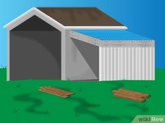 an illustration of a garage with two wooden boards in the foreground and a shed on the far side