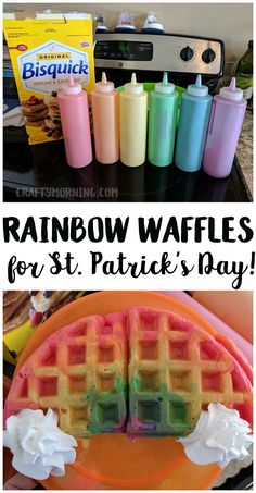 rainbow waffles for st patrick's day with text overlay reading rainbow waffles for st patrick's day