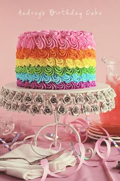 an image of a cake with rainbow frosting on it and the words, always birthday cake