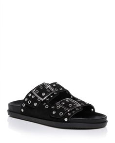 Aqua Women's Helle Stud & Grommet Double Buckle Slide Sandals - 100% Exclusive Designer Black Sandals With Adjustable Strap, Black Designer Sandals With Adjustable Strap, Denim Skirt Trend, Joggers Track Pants, Shearling Vest, Bra Dress, Exclusive Shoes, Skirt Trends, Casual Dress Shoes