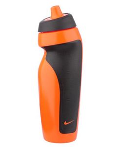 the nike water bottle is orange and black