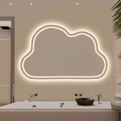 a bath room with a large tub and a neon sign on the wall above it