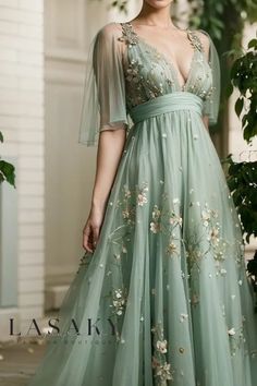 Prom Dresses Elegant, Green Tulle, V Neck Prom Dresses, Tulle Evening Dress, Evening Dresses With Sleeves, Dress Tulle, A Line Prom Dresses, Tulle Prom Dress, Formal Dresses Prom