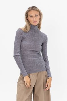 TIBI - Zip-Up Turtleneck Sweater, Grey Fitted Fine Knit Cashmere Outerwear, Fitted High Neck Mock Neck Top For Fall, Long Sleeve Merino Wool Top, Chic Fitted Cashmere Turtleneck, Fitted Cashmere Turtleneck In Chic Style, Fitted Cashmere Tops For Fall, Fitted Merino Wool Outerwear For Layering, Winter Stretch Sweater With Zipper Closure, Wool Long Sleeve Turtleneck For Work