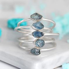 Raw Aquamarine Ring Stacking Set Sterling Silver – Boho Magic Jewelry Jewelry Product Photography, Full Finger Rings, Silver Rings For Women, Clean Sterling Silver, Raw Aquamarine, Aquamarine Jewelry, Silver Stacking Rings, Aquamarine Ring, Gem Ring