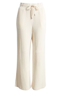 A softly ribbed texture furthers the comfort of these pull-on pants that are ready to make your weekend even more relaxed. 28 1/2" inseam 75% viscose, 22% polyester, 3% elastane Machine wash, tumble dry Imported White Ribbed Bottoms For Fall, Elegant White Ribbed Bottoms, Elegant Ribbed Spring Pants, Elegant Ribbed Wide-leg Pants, Casual Ribbed Bottoms For Loungewear, Comfortable Cream Bottoms For Fall, Chic Ribbed Bottoms For Spring, Spring Ribbed Trousers, Elegant Ribbed Bottoms For Spring