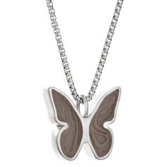 CBM-63 Love nestles in the ashes settings that make up the wings of this beautiful .925 sterling silver pendant shaped like a butterfly. Transform your grief while wearing this piece - as the butterfly emerges from its cocoon, we hope this piece will help you to re-emerge with the knowledge that your loved one is always by your side. It comes with a sterling silver chain in the length of your choice from the options below. Dimensions:15 x 17mm All dimensions are approximate and may vary slightly Silver Jewelry With Butterfly Charm, Silver Butterfly Stainless Steel Jewelry, Sterling Silver Butterfly Necklace In White Gold, Sterling Silver White Gold Butterfly Necklace, Always By Your Side, Cremation Necklaces, Like A Butterfly, The Wings, The Butterfly