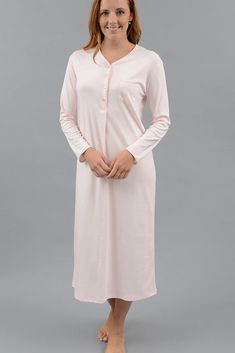 Classic Long Henley Gown – Cotn Collection Long Sleeve Cotton Nightgown, Elegant Long Sleeve Cotton Sleepwear, Elegant Long Sleeve Nightgown For Home, Elegant Long Sleeve Nightgown For Loungewear, Cotton Gowns, Nursing Mother, Ankle Length, Night Gown, Nursing