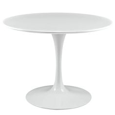 a white table with an oval top and base in the shape of a tulip