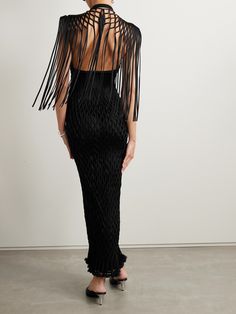 Find PROENZA SCHOULER Tauba Fringed Macramé Maxi Dress on Editorialist. Proenza Schouler's 'Tauba' maxi dress is a study in innovative design. Debuted on the Spring '24 runway, it's made from strips of fabric that have been sewn together to create the illusion of macramé. The style's swishy fringes are designed to emphasize movement and a knitted jersey slip offers extra coverage. Couture Floor-length Maxi Dress For Party, Fringe Floor-length Maxi Dress, Evening Fringed Floor-length Maxi Dress, Evening Fringe Maxi Dress, Chic Fringed Floor-length Dress, Evening Fringe Floor-length Maxi Dress, Spring Evening Maxi Dress With Fringe, Floor-length Fringe Dress For Evening, Floor-length Fringe Evening Dress For Gala