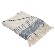 a blue and white blanket with fringes