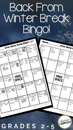 the back from winter break bingo game is shown in two separate squares and has snowflakes on it