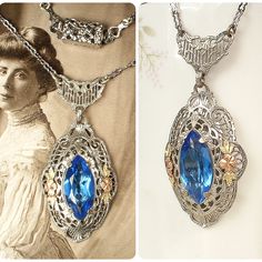 Offering a stunning 1930s era Art Deco/Edwardian sapphire blue glass cut glass crystal rhinestone silver rhodium plated filigree with 10K gold accented pendant necklace.  The perfect "Something Old" and "Something Blue" for the Bride!  Photos don't begin to do this one justice.  I really love the elegant design of this one! The stunning necklace features a claw set deep sapphire blue sparkly marquise cut glass crystal in a very ornate pierced silver rhodium plated setting which is domed up a bit Victorian Sapphire Jewelry With Filigree, Blue Victorian Filigree Jewelry, Heirloom Blue Necklaces For Weddings, Art Deco Sapphire Jewelry With 17 Jewels, Sapphire Art Deco Jewelry With 17 Jewels, Art Deco Crystal Jewelry For Anniversary, Vintage Sapphire Jewelry For Formal Occasions, Victorian Blue Jewelry For Anniversary, Antique Sapphire Filigree Jewelry