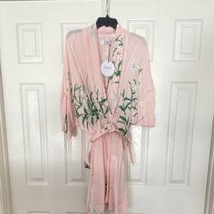 Color: Pale Pink And Green Size: Xsmall Nwt. Excellent Condition. No Stains, Rips Or Tears. Deep Neckline, Loose Fitting Chest Area And Elastic Waist. Belt Included. Hem Approx 36”/ Waist Approx 9” If You Have Questions, Please Let Me Know :) Thank You Spring Silk V-neck Robe, Spring Silk Robe With V-neck, Chic Spring Robe For Brunch, Silk Fitted Robe For Spring, Elegant Pink V-neck Robe, Chic Silk Spring Robe, Fitted Spring Robe For Loungewear, Fitted Robe For Spring Loungewear, Chic Silk Robe For Spring