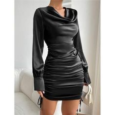 -Item Id 12073563 -Color: Black -Style: Elegant -Pattern Type: Plain -Details: Ruched, Draped, Drawstring -Neckline: Cowl Neck -Sleeve Length: Long Sleeve -Type: Bodycon -Sleeve Type: Regular Sleeve -Waist Line: High Waist -Hem Shaped: Pencil -Length: Short -Fit Type: Regular Fit -Fabric: Slight Stretch -Material: Satin -Composition: 100% Polyester -Care Instructions: Machine Wash Or Professional Dry Clean -Body: Unlined -Sheer: No **Open To Offers!!!** **Bundle To Save More** **30% Off Bundles Fuzzy Sweater Dress, Backless Sweater, Ribbed Knit Bodycon Dress, Fitted Knit Dress, Split Sweater, Batwing Sleeve Sweater, Satin Bodycon Dress, Wrap Sweater Dress, Draped Collar