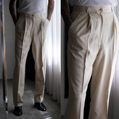 "FREE DOMESTIC SHIPPING Absolutely amazing vintage 90s Gianni Versace 1992 collection light beige silk pleated tapered leg slacks. Super luxurious silk drapes beautifully with an ultra high waist that falls to a soft tapered leg. Unworn with original unhemmed leg. Excellent relaxed fit slacks to dress up or down. Made in Italy. Please refer to measurements below. <> Designer: Gianni Versace  <> Made in Italy <> Fabric: 100% Silk <> Size: Please refer to measurements. ( model stands 6'3\" tall ) <> Measurements: laying flat from left to right      waist: 15\" - 15.25\" ( 30\" - 30.5\" around with 2.25\" to let out ) *NOTE these sit high on the waist over belly button.      front rise: 13\"      hips: 23.5\" ( 47\" around )      inseam: 37\" ( unhemmed )      bottom hem width: 8.5\" <> Label Classic Cream Tapered Leg Pants, Classic Straight Leg Cream Dress Pants, Classic Cream Straight Leg Dress Pants, Classic Cream Tapered Leg Bottoms, Classic Fitted Cream Dress Pants, Classic Cream Dress Pants For Formal Occasion, Classic Wide Leg Cream Pants, Classic Fitted Cream Pants, Classic Cream Formal Pants