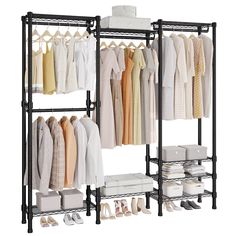 an iron rack with clothes and shoes on it for storing folded shirts, sweaters or pants