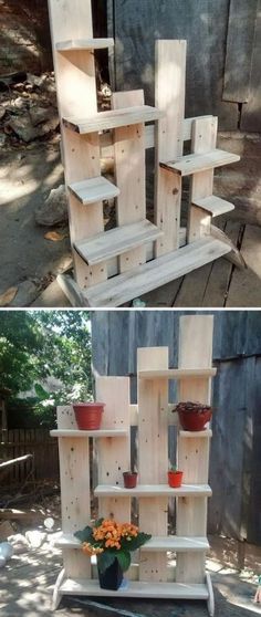 two pictures side by side one with shelves and the other with flower pots on it