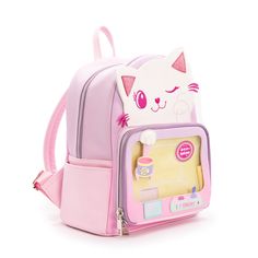 This friendly kitty backpack is the perfect pick-up for any pin-collecting feline fan! With a fun and colorful animal theme, this claw machine-inspired bag will keep you organized and purr-fectly stylish. Move over plain backpacks, this one is claw-some! Add your pin collection on the front zippered pocket & display them safely behind the clear window Pin board included for ease of switching out pins Small "claw" actually swivels left and right Glitter and embroidered details everywhere Open poc Kitty Backpack, Ita Bags, Random Products, Clear Backpack, Animal Backpacks, Claw Machine, Baby Equipment, Mini Backpacks, Clear Window