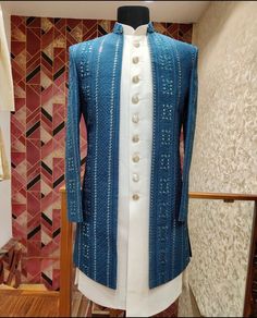 COLORS CUSTOMIZABLE SET INCLUDES- INDOWESTERN SHRUG + LONG JACKET INSIDE+ PANTS CUSTOM SIZING AVAILABLE  CONTACT US FOR MORE INFORMATION REGARDING SIZES Sizes 34,36,38,40,42,44,46,48,50,52 Open Sherwani, Indian Sherwani, Pants Custom, Sherwani For Men, Long Jacket, Mens Costumes, Teal Blue, Front Open, Primary Colors