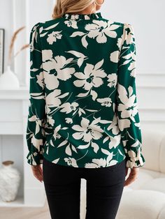 Step into sophistication with our Floral Print Tie-neck Blouse. This casual long-sleeve blouse exudes timeless charm with its delicate floral pattern and elegant tie-neck detail. Effortlessly versatile, it seamlessly transitions from day to night, making it a must-have for any stylish wardrobe. Green Long Sleeve Blouse With Floral Print, Green Printed Long Sleeve Blouse, Green Printed Blouse For Fall, Fall Green Printed Blouse, Fall Season Green Printed Blouse, Stylish Wardrobe, Blouse Casual, Tie Neck Blouse, Printed Ties