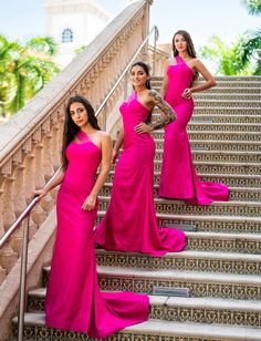 Hot Pink Dress Bridesmaid, Fuschia Bridesmaid Dresses Color Schemes, Neon Bridesmaids Dresses, Bridesmaid Pantsuit Wedding, Bright Pink Bridesmaid Dresses, Magenta Wedding Colors, Fuschia Bridesmaid Dresses, Maxi Dress For Wedding, Fuchsia Bridesmaid Dresses