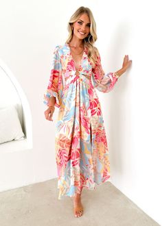 Rita Maxi Dress - Seaside Palm Beachwear Midi Dress For Summer Parties, Vacation Midi Dress With Cutout Details, Tropical V-neck Dress For Brunch, Cutout Midi Sundress, Vacation Cutout Midi Dress, Beach Season Floral Print Midi Dress For Party, Floral Print Midi Dress For Summer Beach Parties, Summer Beach Dress With Cutouts, Beach Season Party Midi Dress With Floral Print