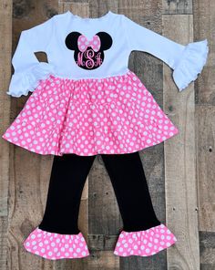 Minnie Mouse Birthday Girl Outfit Fun Pink Long Sleeve Sets, Fun Long Sleeve Pink Set, Spring Pink Minnie Mouse Sets, Pink Long Sleeve Birthday Set, Pink Long Sleeve Sets For Birthday, Pink Minnie Mouse Sets For Spring, Spring Minnie Mouse Pink Sets, Cute Fitted Minnie Mouse Sets, Cute Pink Minnie Mouse Set