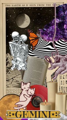 an altered collage with various items including a book, skeleton and other things in the background