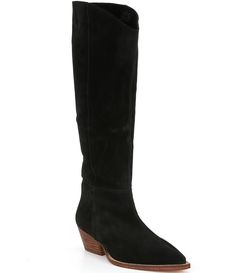 From Free People&#x2C; the Sway Low Slouch Suede Boots feature:Suede upperPull-on closureLeather liningLeather outsoleApprox. 16.5" shaft heightApprox. 14.8" shaft circumferenceApprox. 2" heel heightImported. Black Suede Boots, Romantic Lace, Dillard's, Suede Boots, How To Feel Beautiful, Boot Shoes Women, Black Suede, Bootie Boots, Vintage Inspired