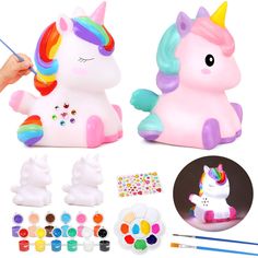 an assortment of toys such as unicorns, paint and brushes