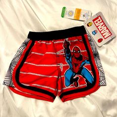 New Spider-Man Swim Trunks With Tags. Playful Red Cotton Shorts, Red Shorts For Summer Playtime, Playful Character Print Bottoms For Playwear, Casual Red Shorts For Playtime, Fun Red Summer Bottoms, Sporty Red Shorts For Playwear, Red Cotton Shorts For Playwear, Red Cotton Playwear Shorts, White Swim Shorts