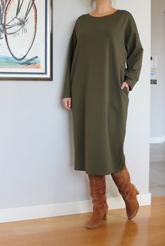 "Olive Green Sweater Dress, Plus Size Clothing, Loungewear Dress, Jumper Dress, Long Sleeve Dress, Pocket Dress, Plus Size Dress,Caftan Dress Lovely, comfy, stylish Jumper Dress - perfect for daywear or loungewear. Super easy to wear and easy to care. At Cherry Blossoms we aspire to make clothing that brings chic style to any size figure with comfortable fabrics, meticulous tailoring and original, beautiful designs! 🍒 A very good choice for the Fall/Winter/Spring Seasons :) Accessorize your dre Khaki V-neck Dress With Pockets, Oversized Tunic Dress For Work, Green V-neck Tunic For Fall, Oversized Long Sleeve Dresses With Side Pockets, Green Oversized Dress For Workwear, Green Oversized Dress For Work, Oversized Green Dress For Work, Olive Green Sweater Dress, Sweater Dress Plus Size