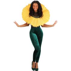 a woman in green and yellow bodysuit with large frillys on her head