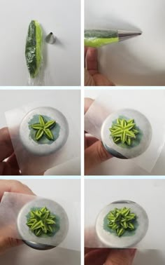 four pictures show how to make an ornament with green leaves and flowers on it