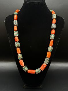 Tibetan Natural Coral Beads Necklace With Handmade Copper With Turquoise Beads From Tibetan Jewellery, Tibetan Coral Tibetan Style Traditional Orange Beaded Gems And Cabochons, Traditional Beaded Turquoise Necklace, Traditional Turquoise Necklace With Colorful Beads, Traditional Turquoise Beaded Necklace, Tibetan Jewellery, Coral Beads Necklace, Tibetan Jewelry, Natural Coral, Coral Beads