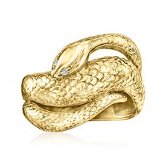 Ross-Simons - C. 1990 Vintage 18kt Yellow Gold Snake Ring, Diamond Accents. Size 6. C. 1990. Look what just slithered into our Estate collection! This meticulously detailed serpent coils around the finger in luxe 18kt yellow gold. Note the glowing round brilliant-cut diamond accents for his keen eyes. Guaranteed to attract attention, this snake ring is the statement maker you've been seeking. 1/2" wide. 18kt yellow gold snake ring. Exclusive, one-of-a-kind Estate Jewelry. Snake Ring Gold, Ring With Diamond, Snake Ring, Gold Snake, Ring Diamond, Coils, Round Brilliant Cut Diamond, Estate Jewelry, Round Brilliant