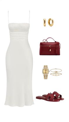 Red Sandals Outfit, White Dress Aesthetic, Sandals Outfit Casual, Midi White Dress, Rich Outfits, Chic Fits, Dress With Flats, December Outfits