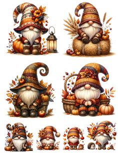 a set of four gnomes with autumn decorations