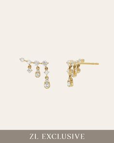 Prong Diamond Drop Chain Stud Earrings Elegant Diamond Accented Ear Climbers For Formal Events, Elegant Diamond Ear Climbers For Formal Occasions, Elegant Diamond Ear Climbers For Formal Events, Yellow Gold Diamond Earrings With Sparkling Stones For Party, Party Yellow Gold Diamond Earrings With Sparkling Stones, Yellow Gold Diamond Earrings For Party, Yellow Gold Diamond Earrings With Sparkling Stones, Yellow Gold Diamond Ear Climbers For Formal Occasions, Formal Fine Jewelry Ear Climbers With Diamond Accents