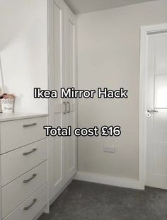 a bathroom with white cabinets and gray carpeting next to a door that says ikea mirror hack total cost $ 16